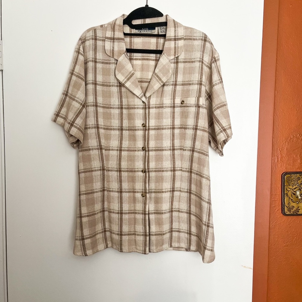 100% Silk Vintage Plaid Short Sleeve Button-Up Shirt